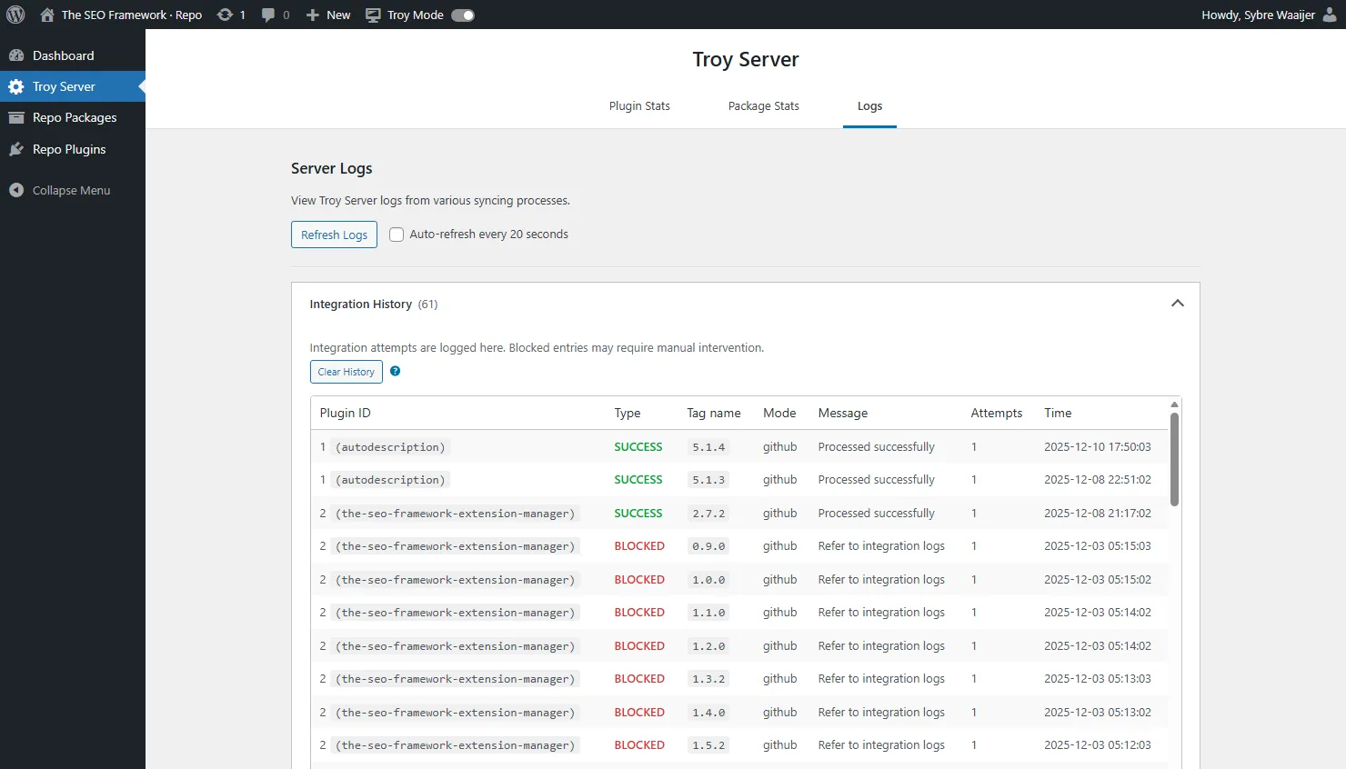 Integration logs